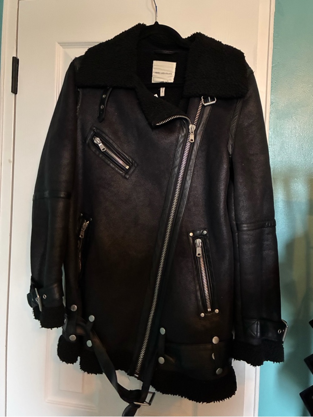 Avec Les Filles Black Faux Shearling Oversized Moto Coat